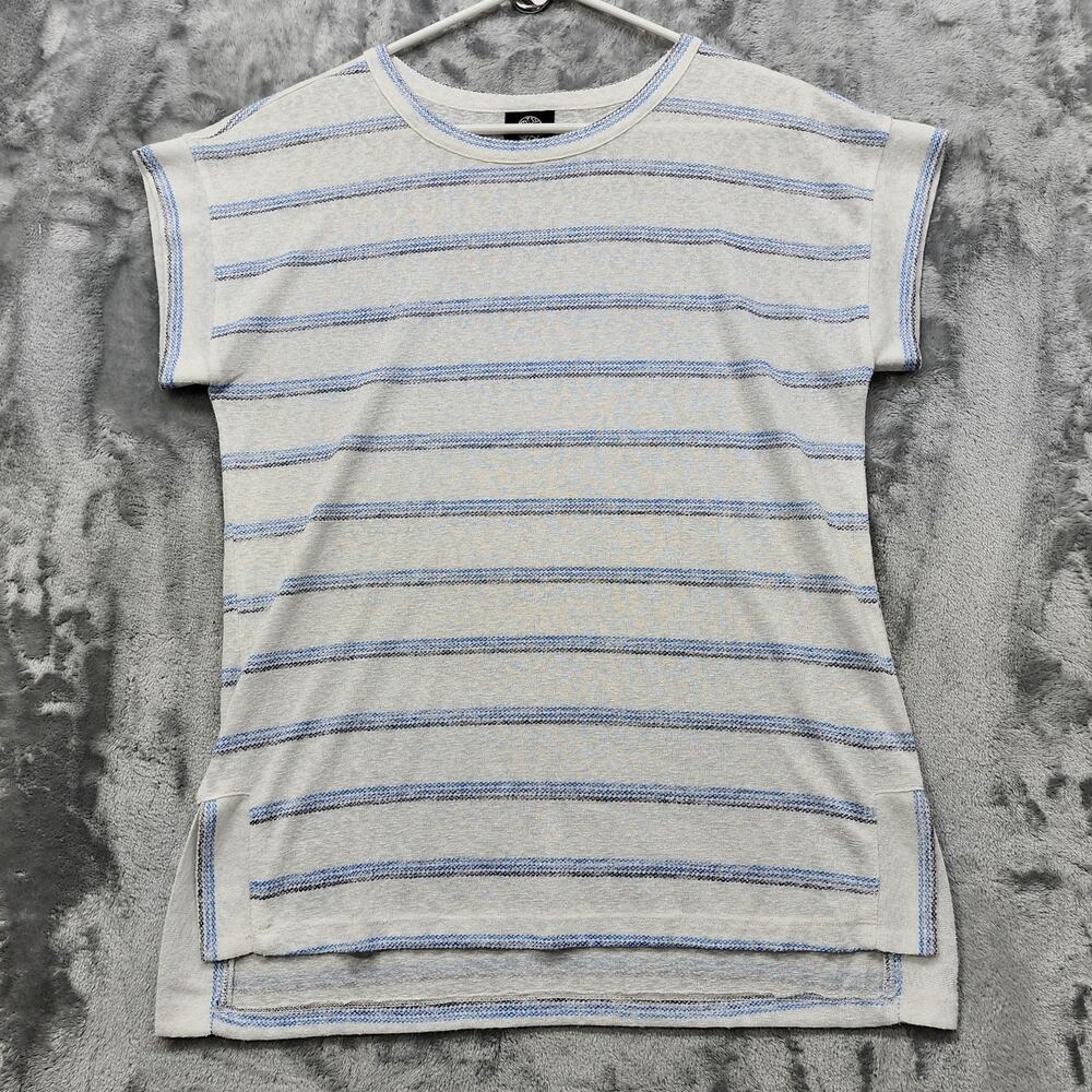 Bobeau Top Womens M White Blue Gray Striped Short Sleeve High Low Hem Pullover